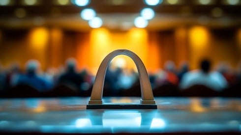 toy St Louis arch sitting on a table in a full conference room