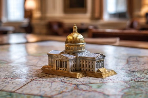 small model of the Vermont capitol building on top of a map on a conference table