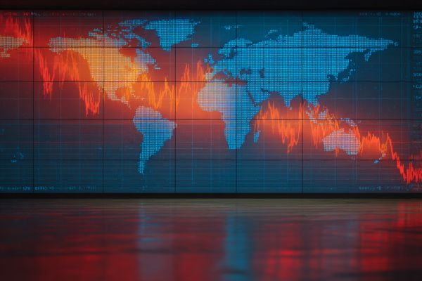 blue digital world map on a wall screen with a large line graph trending downward