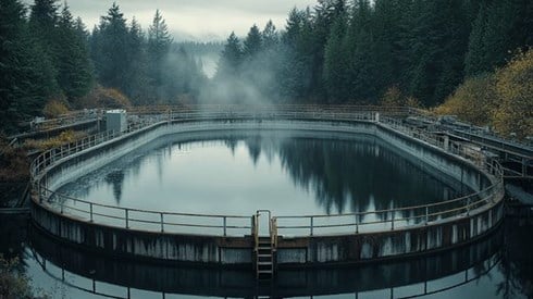 A water treatment plant in a forest in the mountains