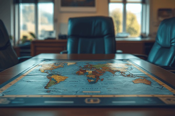 A world map on a gameboard on top of a conference table surrounded by chairs