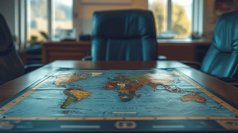 A world map on a gameboard on top of a conference table surrounded by chairs