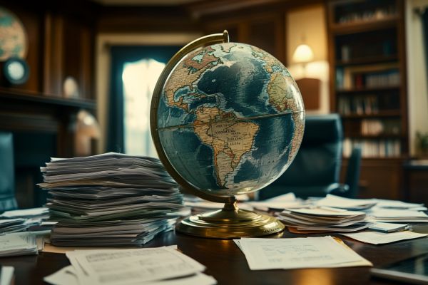 globe on a desk with stacks of papers scattered around it