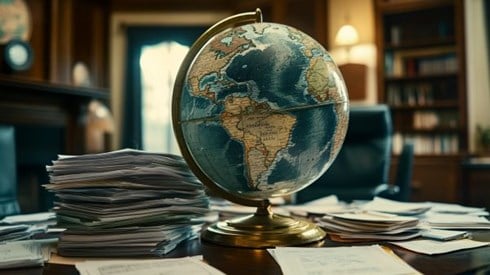 globe on a desk with stacks of papers scattered around it