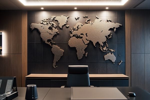 world map on the wall behind an office desk