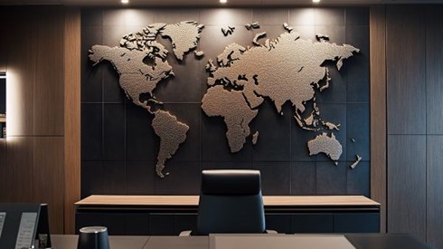 world map on the wall behind an office desk