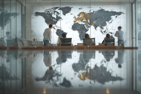 world map on the wall in a conference room, reflected in the shiny conference table with businesspeople sitting around it