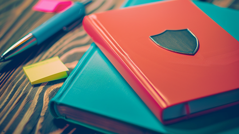 A red book with a shield on the cover sits on top of a blue book, with sticky notes and a pen nearby