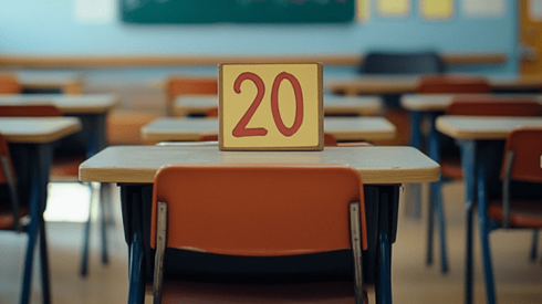 The number 20 on a school desk in a classroom
