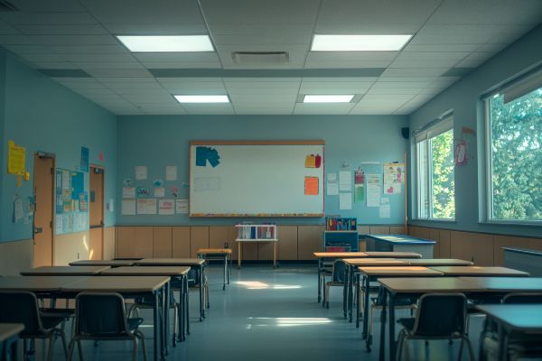 elementary school classroom with desks and a whiteboard