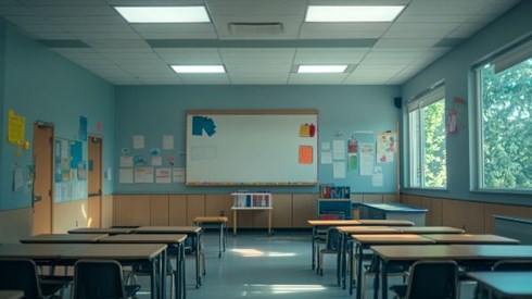 elementary school classroom with desks and a whiteboard