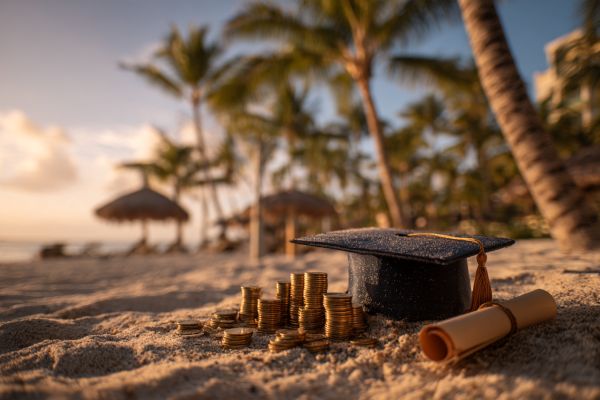 black graduation cap and a diploma beside stacks of gold coins on a beach with palm trees