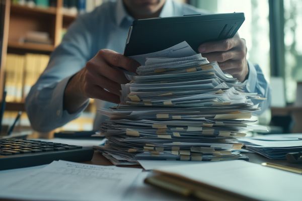man holding a device studying over a stack of papers
