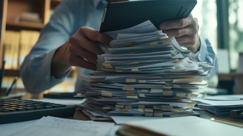 man holding a device studying over a stack of papers