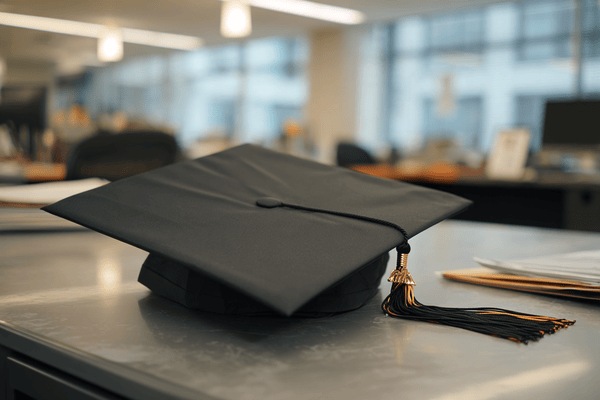 A black mortarboard lying on top of an office desk