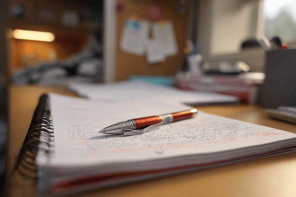 A pen on top of a notebook in a dorm room