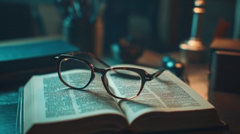 Open dictionary on desk with reading glasses sitting on top