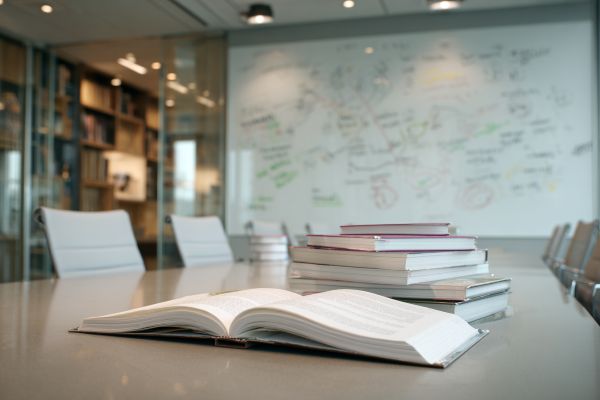 open textbook in front of a stack of textbooks on a conference table in a modern professional office