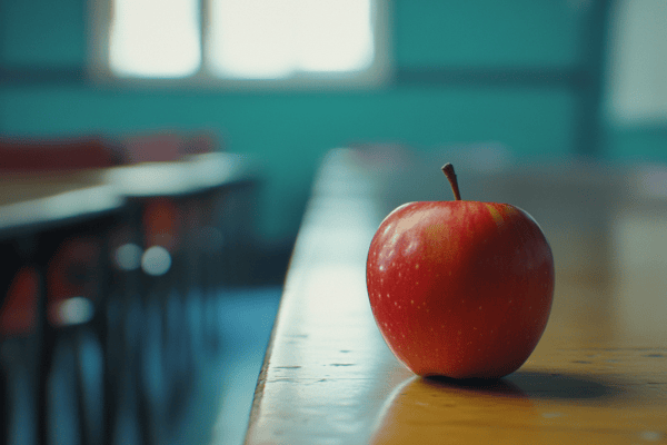 A red apple sitting on the corner of a teacher's desk