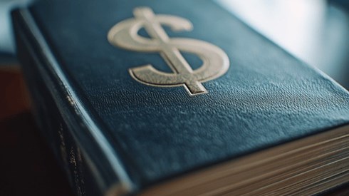 A textbook with an embossed money sign on its front cover