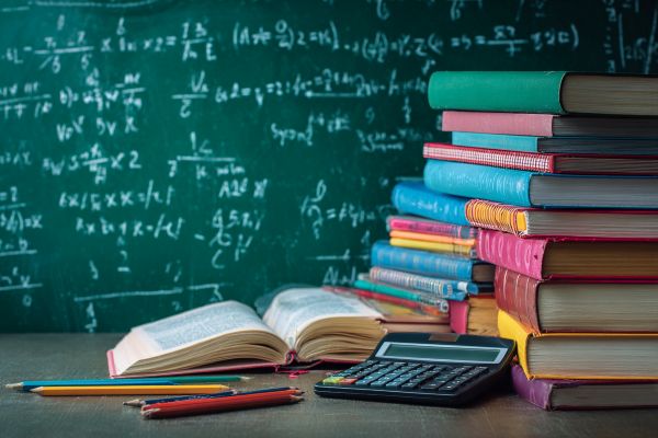 stack of textbooks, pencils, and a calculator in front of math on a green chalkboard