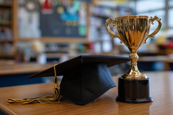 A back graduation cap next to a gold trophy, with both sitting on top of a desk in a classroom