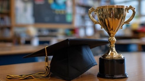A back graduation cap next to a gold trophy, with both sitting on top of a desk in a classroom