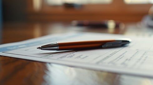 A pen resting on top of an application form on a desk.