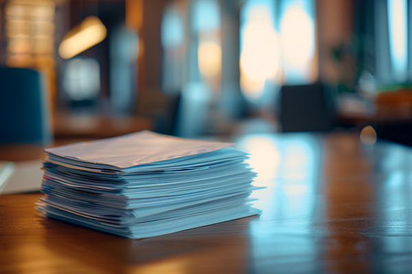 A tidy stack of papers rests on a wooden desk.
