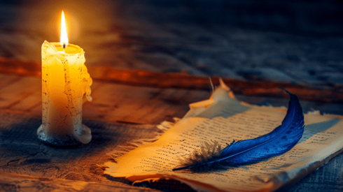 A candlelit parchment contract on a wooden desk with a dark blue feather quill pen lying on top of the contract