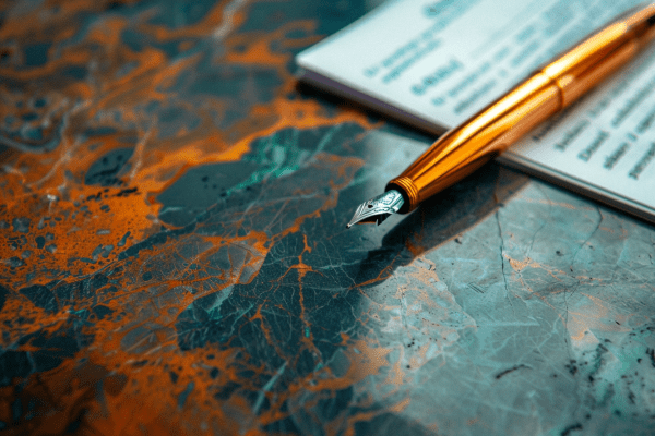 Orange pen lying on top of a contract that is on top of a blue and orange marble table