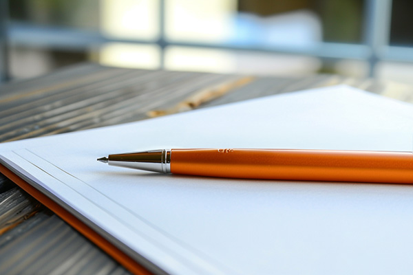 An orange pen sitting on a blank contract.