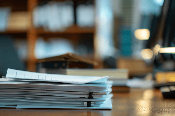 A pile of papers on an office desk