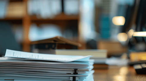 A pile of papers on an office desk