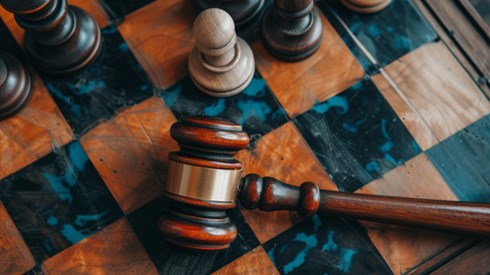 Chessboard with a gavel resting on it