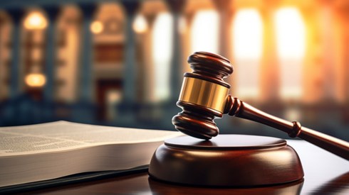 Gavel and a stack of legal documents sitting on a wooden table