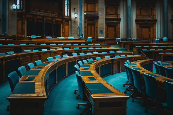 An empty legislative chamber with multiple rows of long, curved desks and rolling chairs.