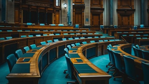 An empty legislative chamber with multiple rows of long, curved desks and rolling chairs.