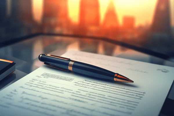 Pen and paper sitting on a desk with a city skyline in the background