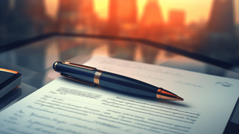 Pen and paper sitting on a desk with a city skyline in the background