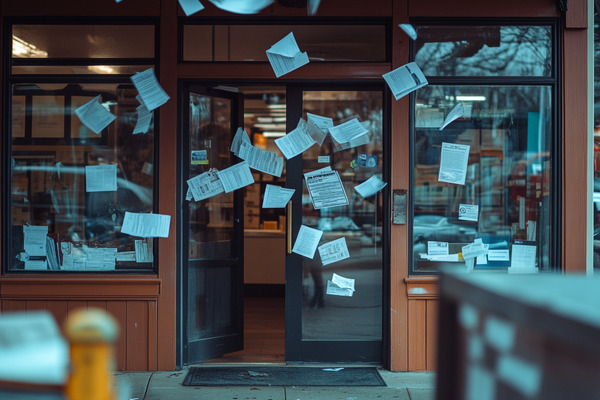 A small business storefront with one door ajar, and legal documents swirling in the air outside the entrance.