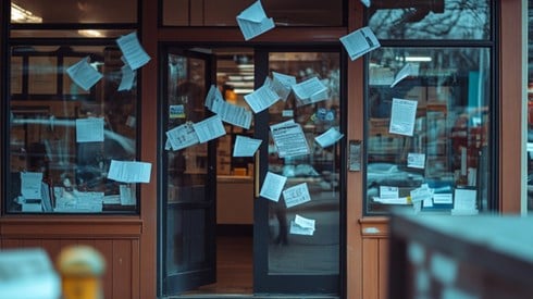 A small business storefront with one door ajar, and legal documents swirling in the air outside the entrance.