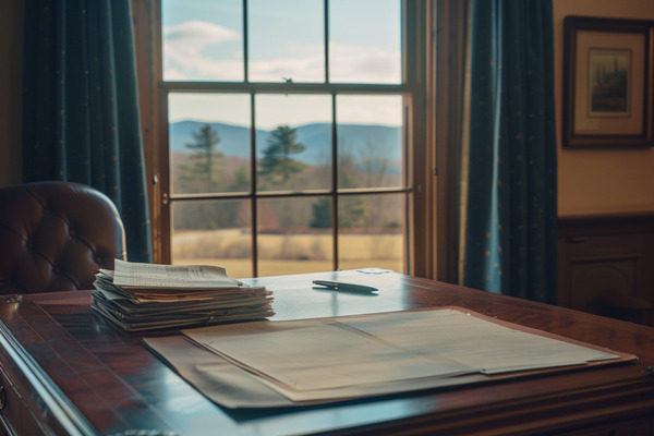A stack of documents and a pen rest on a wooden desk, with a window looking out onto a Vermont landscape.