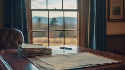 A stack of documents and a pen rest on a wooden desk, with a window looking out onto a Vermont landscape.