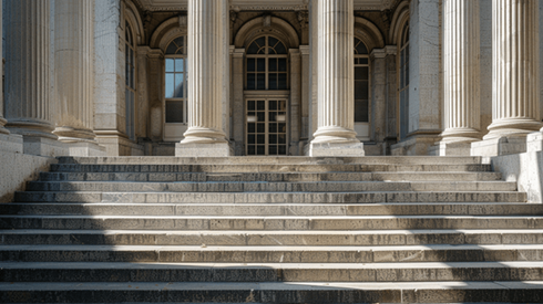 Stairs leading up to a courthouse with columns
