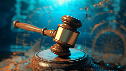 A Gavel Rests Atop a Wooden Sound Block with Muted Globe and Sky in the Background and Cliffs Underneath