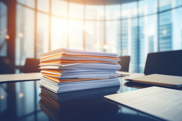 A Stack of Documents Rests Atop a Conference Room Table with Floor-to-Ceiling Windows Looking Out on Skyscrapers in Background