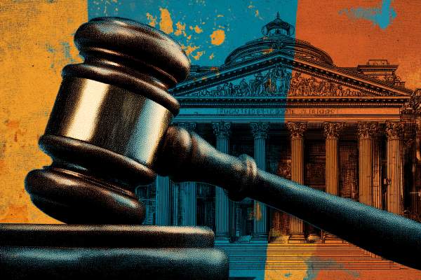 realistic gavel over an orange, blue, and yellow courthouse drawing