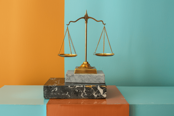A balanced scale on top of two blocks of marble