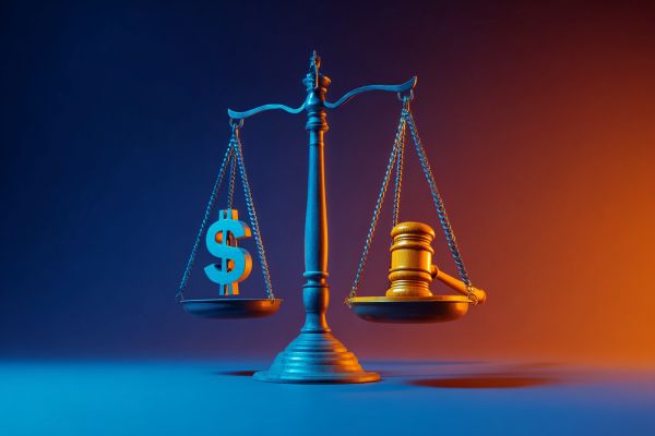 balanced scales with a blue dollar sign on one side and an orange gavel on the other